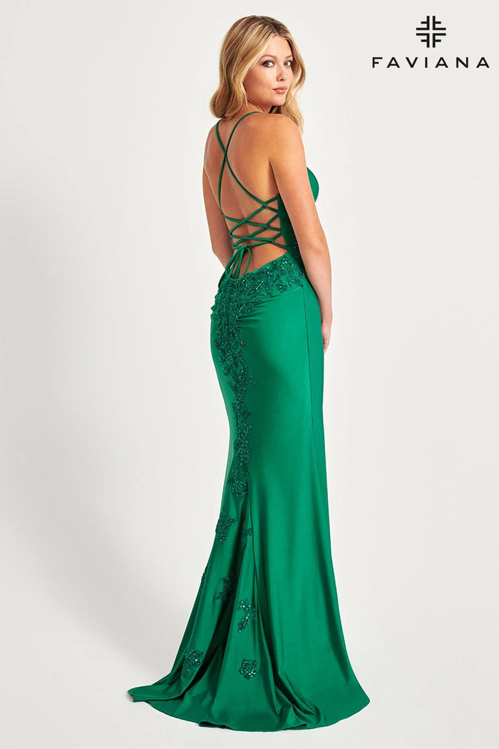 Faviana 11020 V-Neck Lace Up Back Long Dress With Beaded Lace At Waist And Skirt
