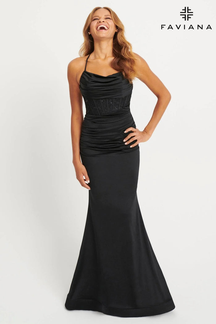 Faviana 11043 Cowl Neck Evening Gown With Stretch Lace Corset Detailing And Ruching