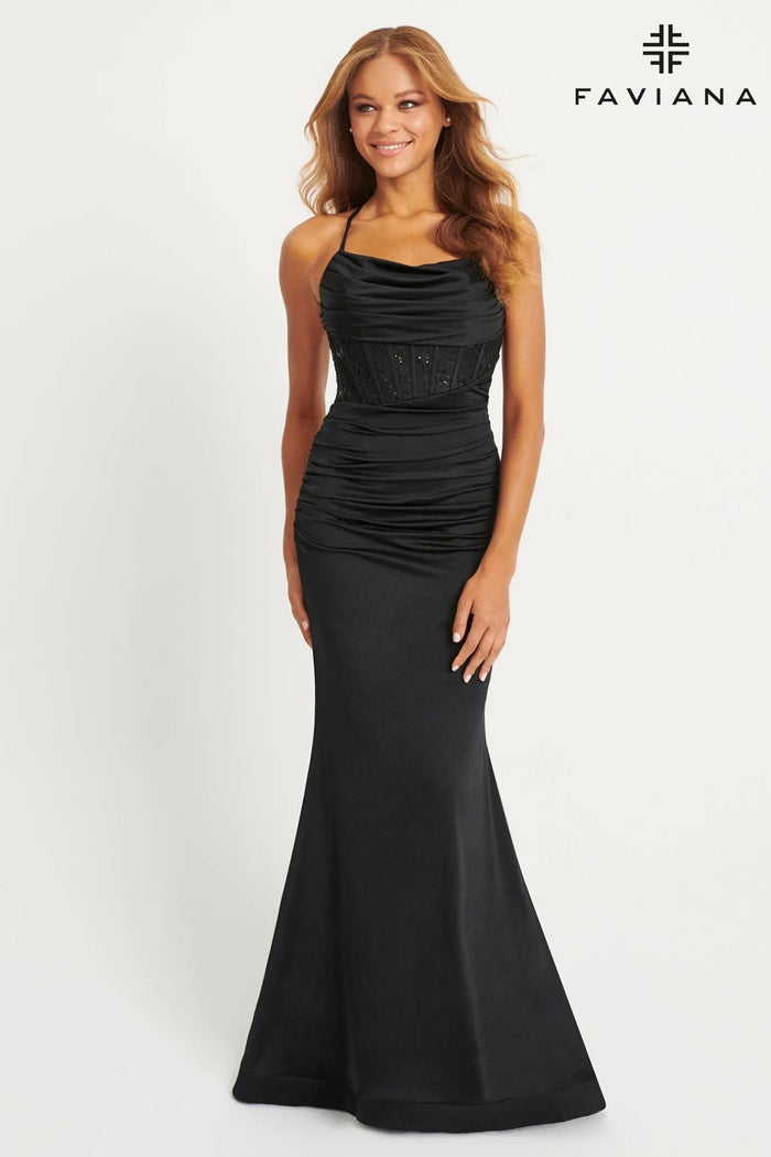 Rouched Bodice with Corset Midriff Dress | Black