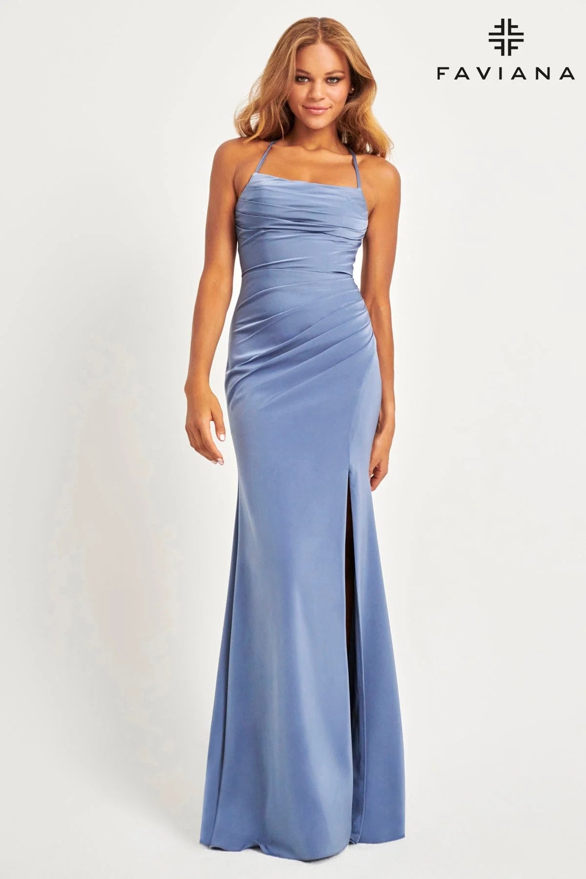 Faviana 11064 Matte Satin Maxi Dress With Gathered Side And Lace-Up Back
