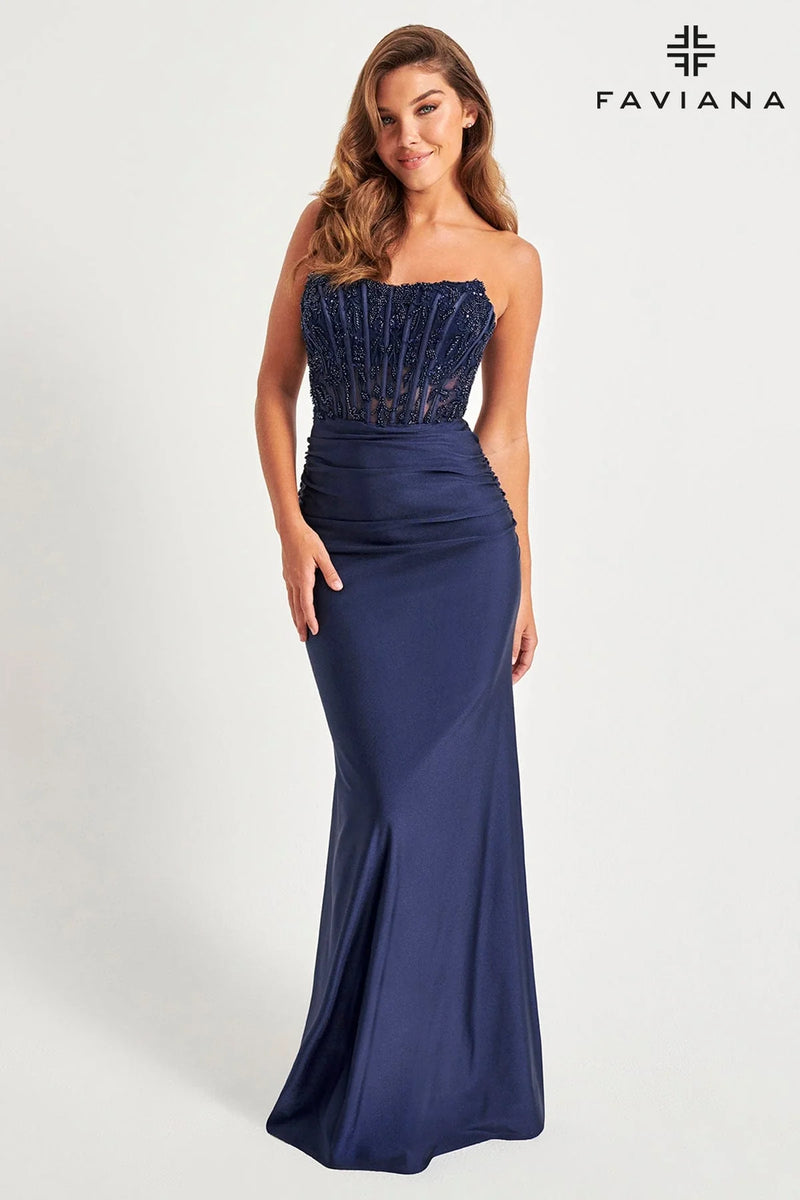Faviana 11081 Strapless Embroidered Corseted Gown