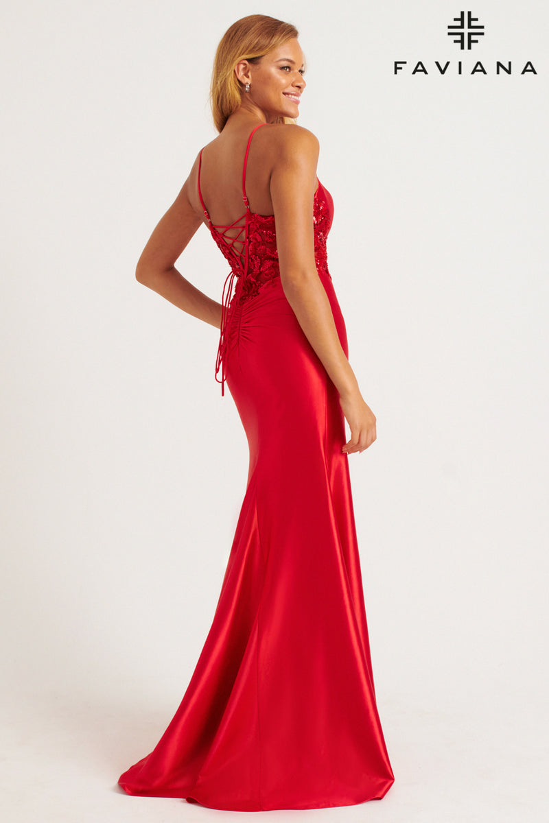 Faviana 11205 Stretch Satin Cami Gown w/ Beaded Inset & Slit | Red