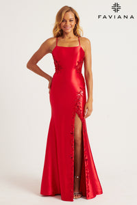 Faviana 11205 Stretch Satin Cami Gown w/ Beaded Inset & Slit | Red