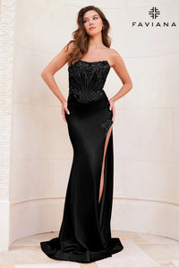 Faviana 11209 Beaded Corset Gown w/ Slit
