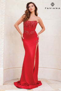 Faviana 11209 Beaded Corset Gown w/ Slit