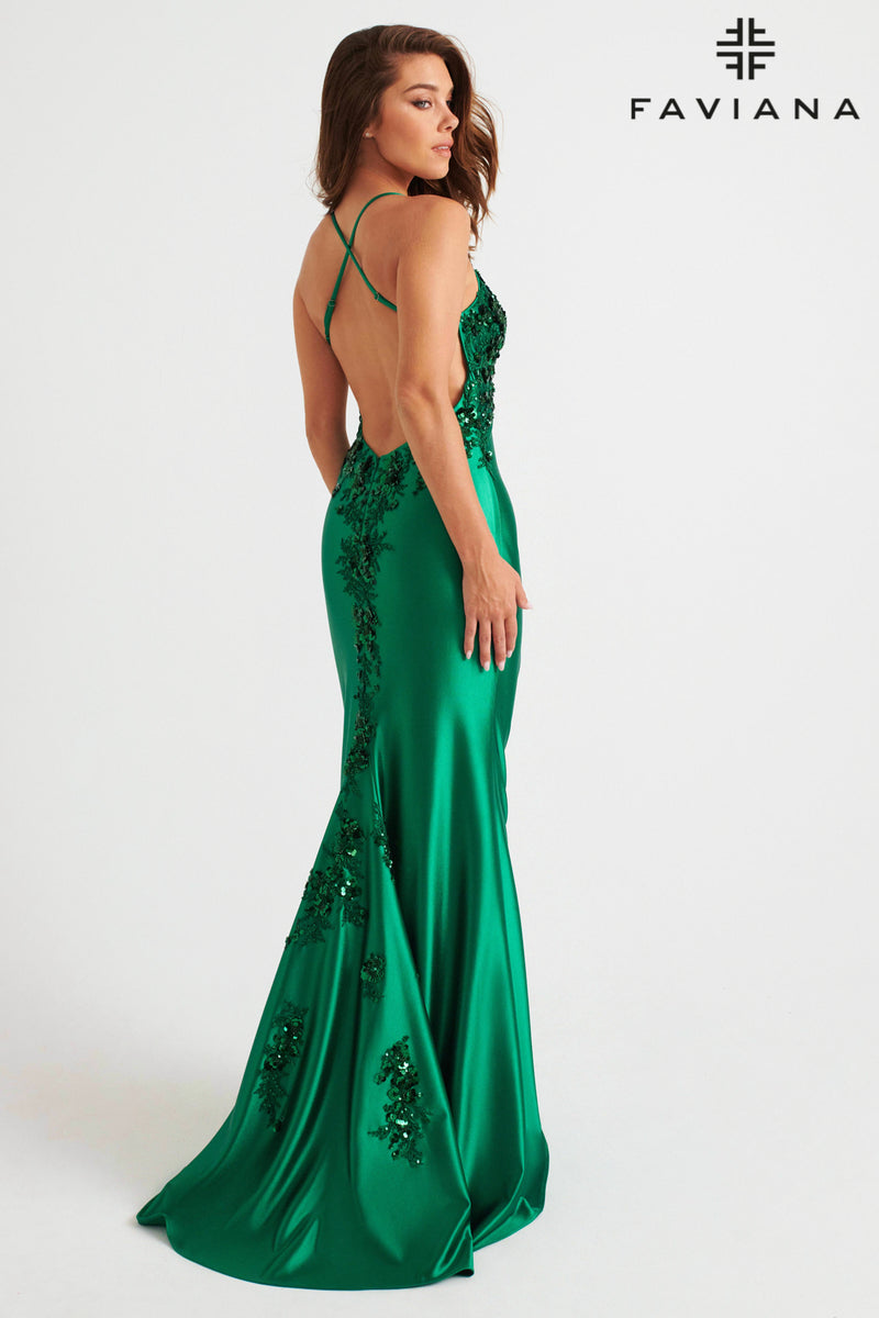 Faviana 11247 Straight Cami Beaded Gown | Dark Emerald