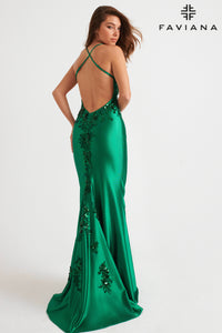 Faviana 11247 Straight Cami Beaded Gown | Dark Emerald