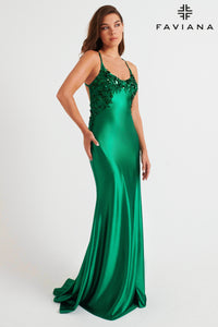 Faviana 11247 Straight Cami Beaded Gown | Dark Emerald