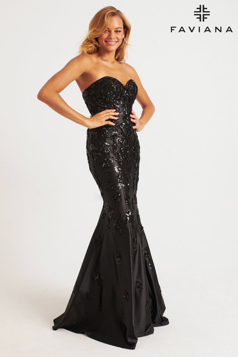 Faviana 11271 Sweetheart Beaded Satin Strapless Godet Gown