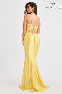 Faviana 11400 Shimmer Satin Gown w/ Lace Corset