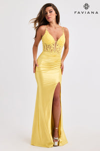 Faviana 11400 Shimmer Satin Gown w/ Lace Corset