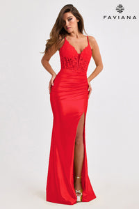 Faviana 11400 Shimmer Satin Gown w/ Lace Corset