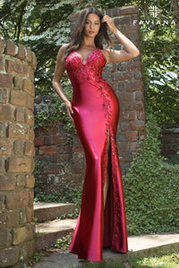 Faviana 11405 Deep V Satin Gown with Lace-Up Back