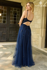 Faviana 11413 Lace Open Back Beaded Tulle Gown