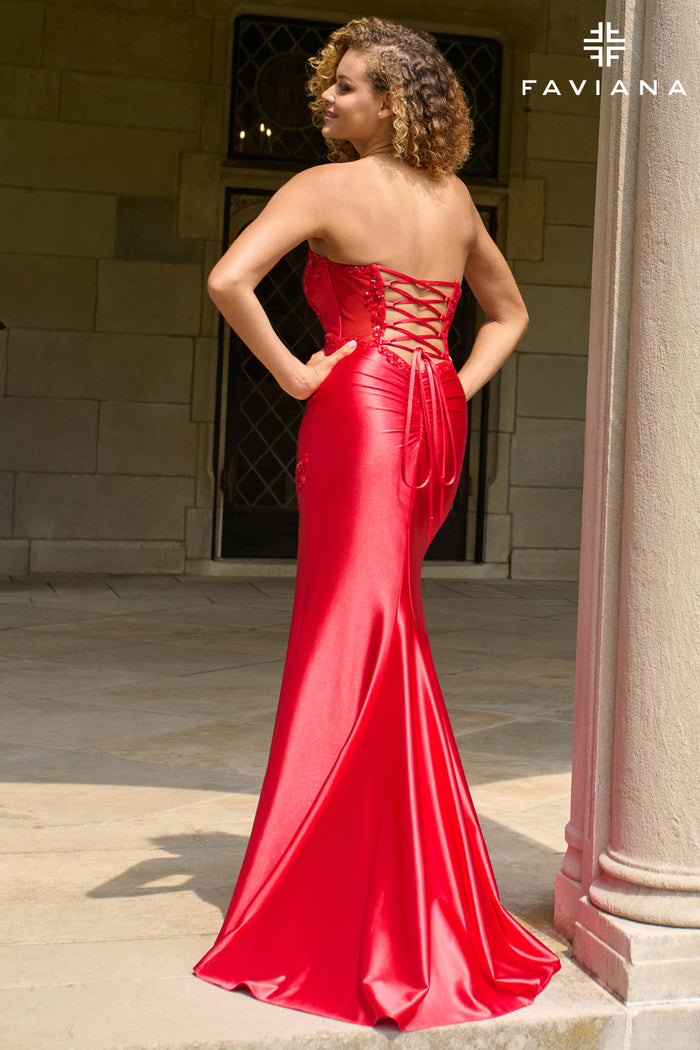 Faviana 11435 Satin Beaded Strapless with Slit