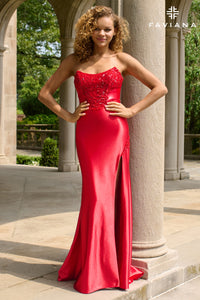 Faviana 11435 Satin Beaded Strapless with Slit