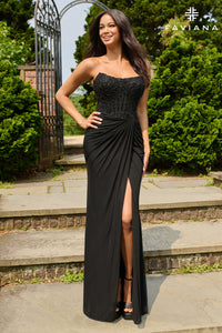 Faviana 11445 Strapless Beaded Mesh Gown with Slit