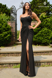 Faviana 11445 Strapless Beaded Mesh Gown with Slit
