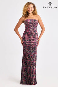 Faviana 11461 Rouched Mesh Floral Gown