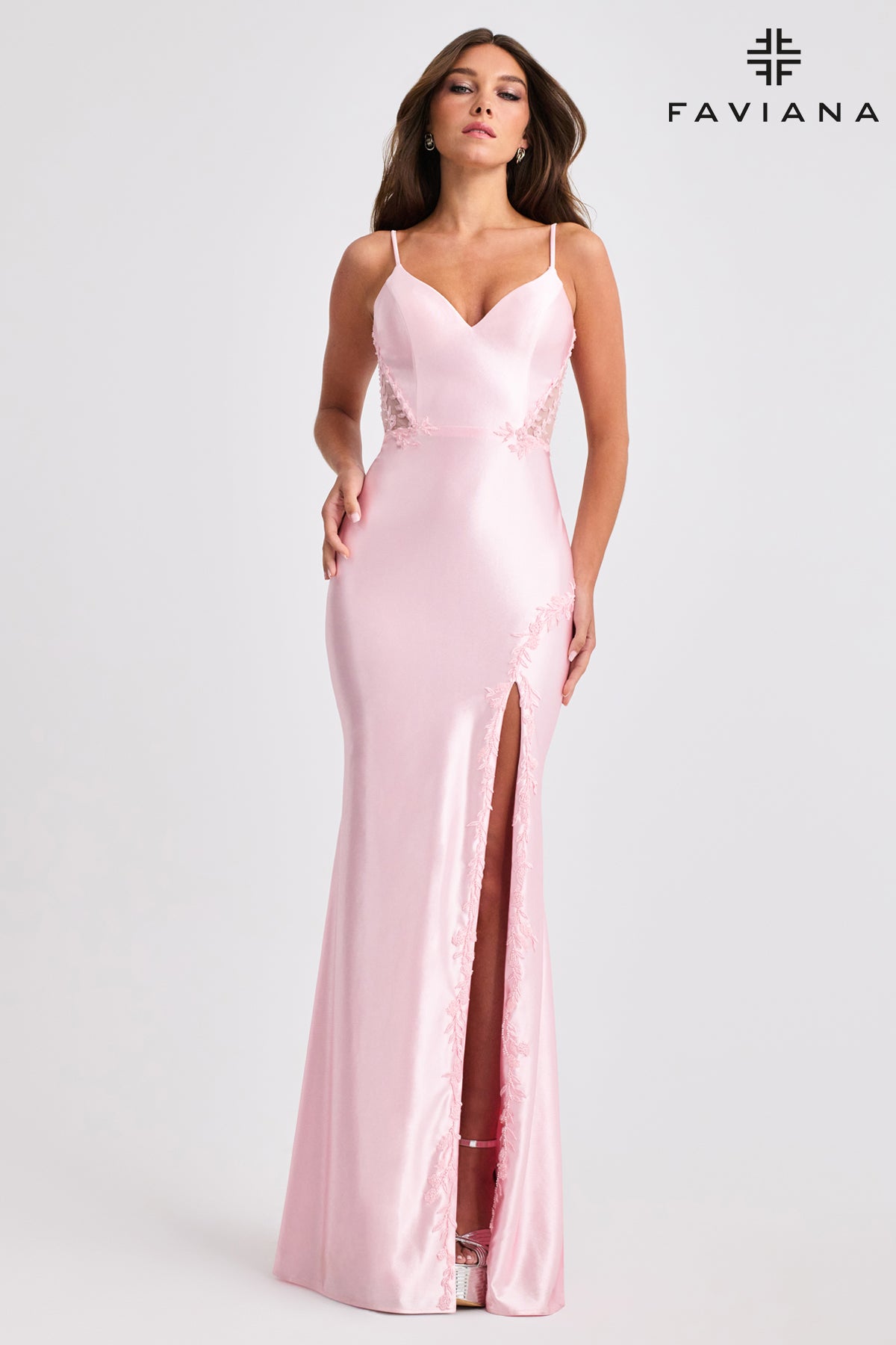 Faviana 11466 Satin Gown with Side Inset and Slit