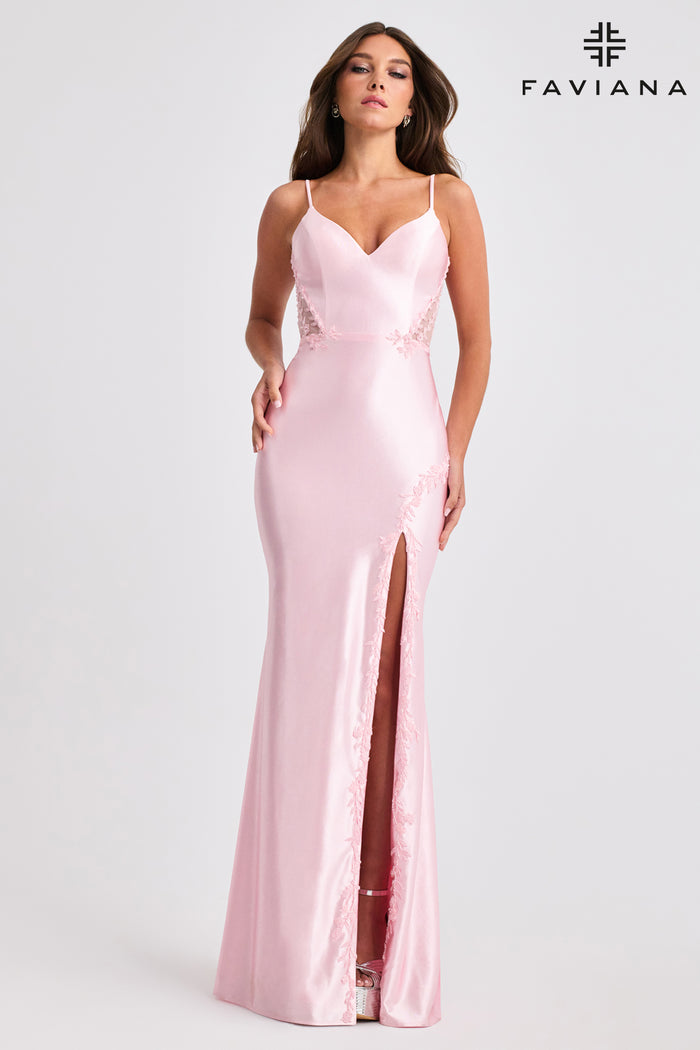 Faviana 11466 Satin Gown with Side Inset and Slit