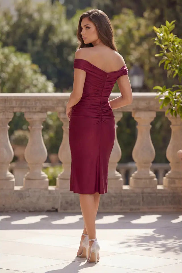 Satin Off the Shoulder Calf Length Dress | Burgundy