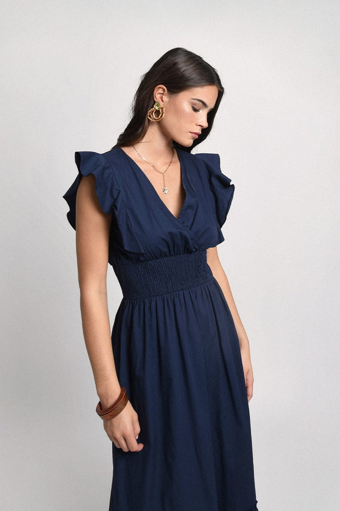 V-Shaped Dress with Smocked Waist | Navy Blue