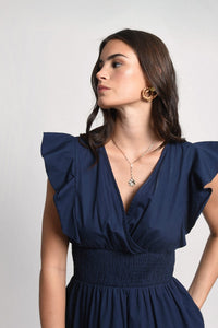 V-Shaped Dress with Smocked Waist | Navy Blue