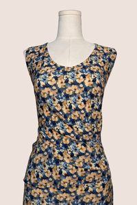 Sleeveless V-Neck Top with Rouching | Yellow/Blue Floral
