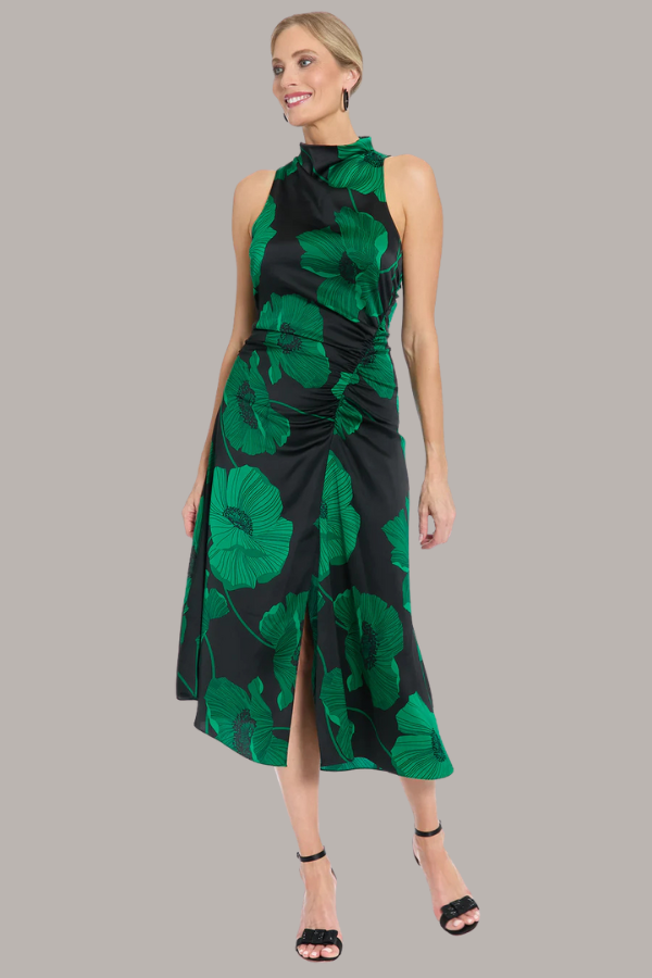 Sleeveless Floral Charmeuse Ankle Dress | Black/Evergreen