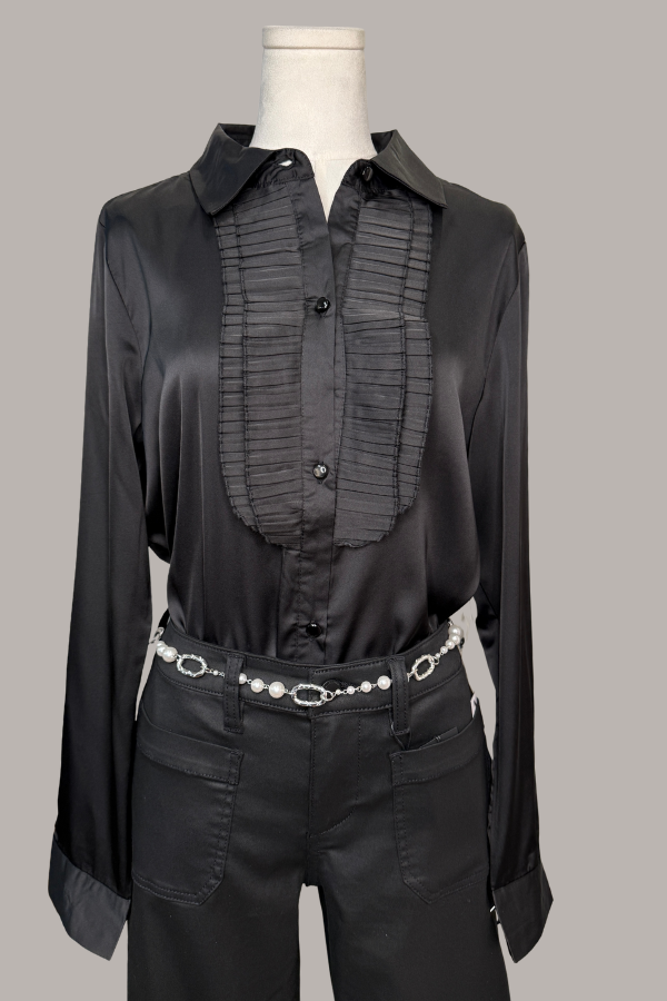 Long-Sleeve Satin Tuxedo Shirt | Ivory, Black