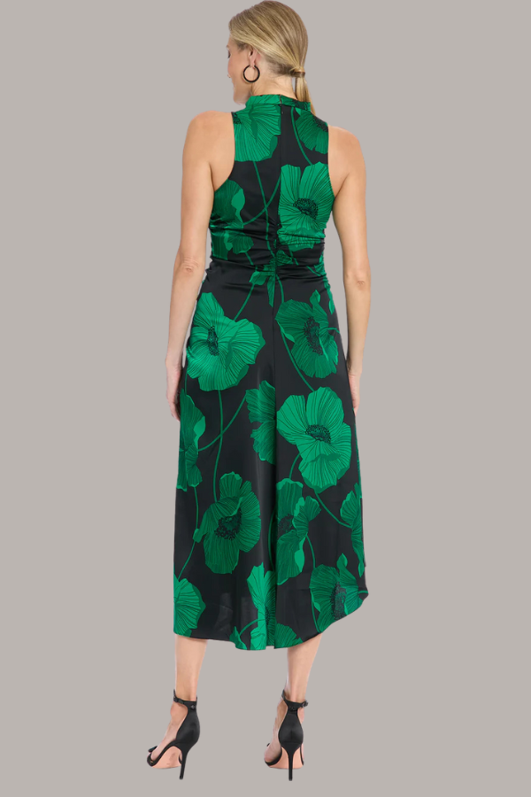 Sleeveless Floral Charmeuse Ankle Dress | Black/Evergreen