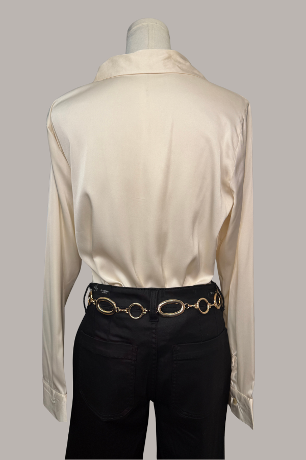 Long-Sleeve Satin Tuxedo Shirt | Ivory, Black
