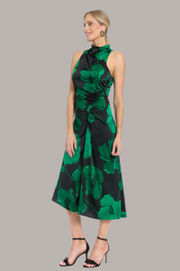 Sleeveless Floral Charmeuse Ankle Dress | Black/Evergreen