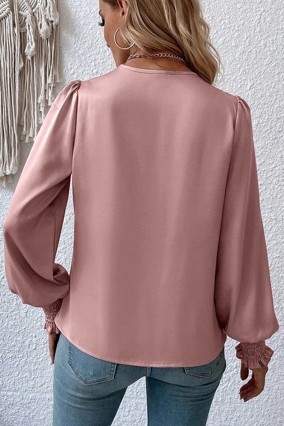 Cross Wrap Ribbed Sleeve Blouse | Pink