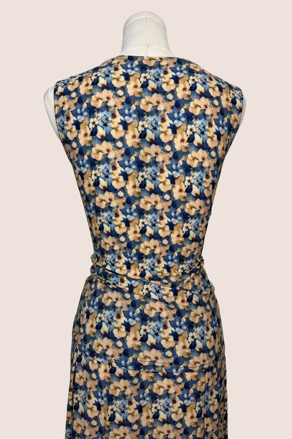 Sleeveless V-Neck Top with Rouching | Yellow/Blue Floral