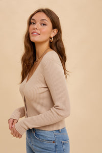 Deep V Button Down Cardigan | Taupe