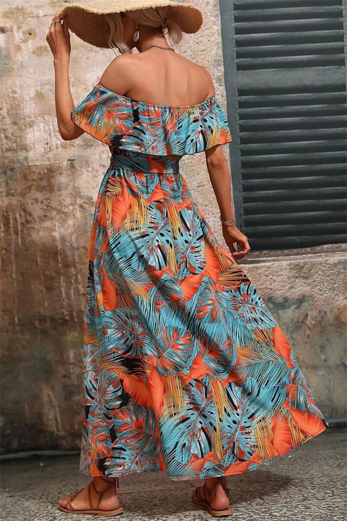 Off Shoulder Ruffled Boho Print Dress | Orange/Blue