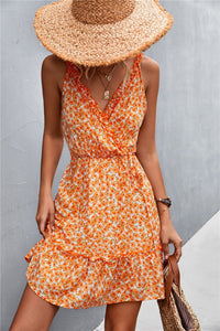 V-Neck Floral Ruffle Mini Dress | Orange