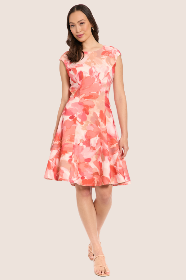 Hi-Neck Jersey Print Dress | Ivory/Coral
