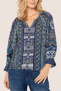 3/4 Sleeve Button Front Top | Blue Shibori