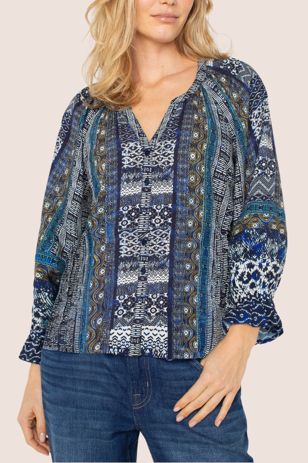 3/4 Sleeve Button Front Top | Blue Shibori