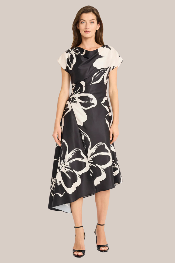 Cap Sleeve Drape Neck Floral Dress | Black/Cream