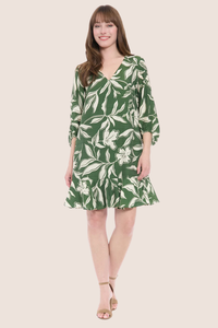 Long Sleeve Batik Short Dress | Olive Cream