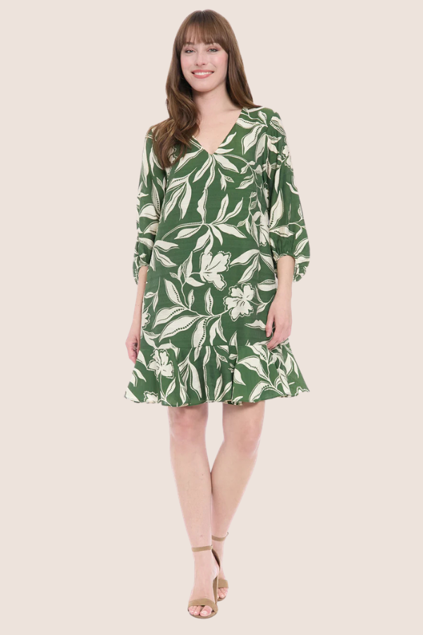 Long Sleeve Batik Short Dress | Olive Cream