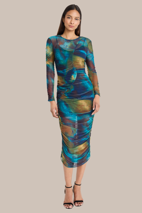 Watercolor Long-Sleeve Mesh Dress | Teal/Green