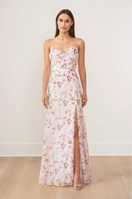 Jasmine B263010 Drape Neck Bridesmaid Dress | Ivory/Garden Print