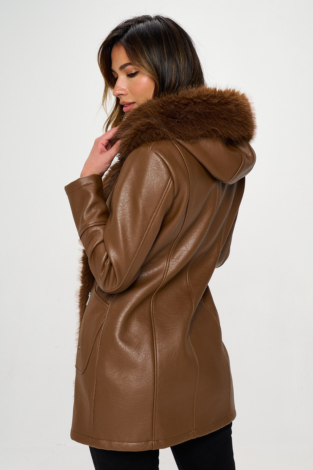 Fur trim leather jacket shops brown