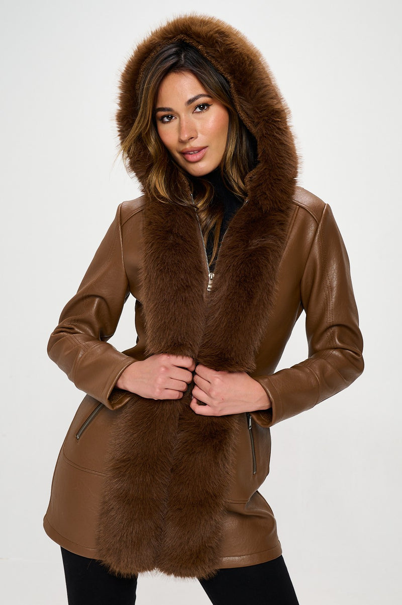 Fur Trimmed Zip Faux Leather Jacket | Camel