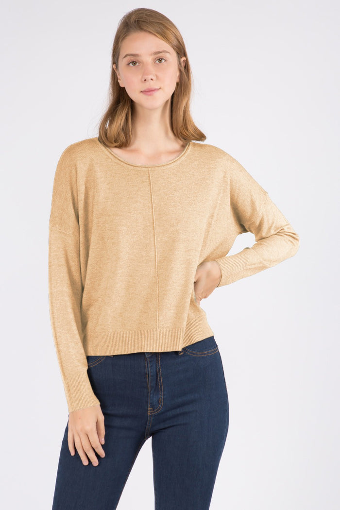 Seam Front Round Neck Pullover Sweater | Heather Light Taupe